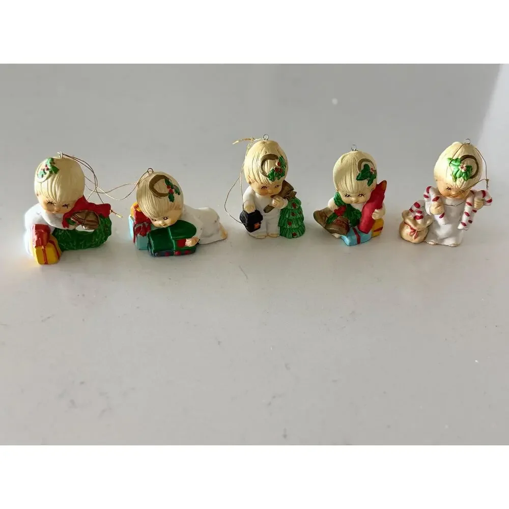 Vintage Jasco Christmas Ornaments Set 5 Bisque Porcelain Children Taiwan Box